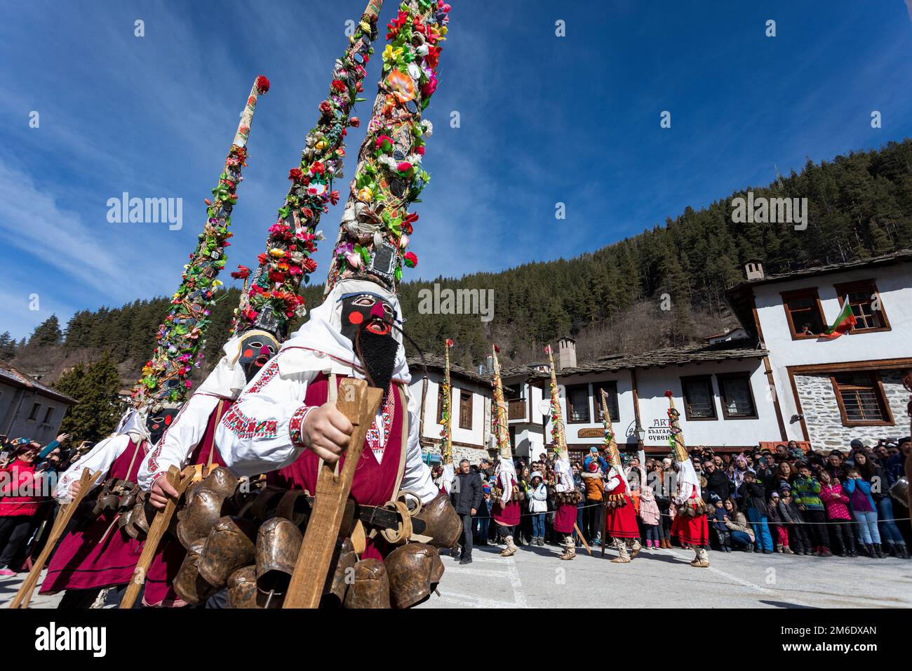 Masquerade festival in Shiroka Laka, Bulgaria. Culture, indigenous. Stock Photo