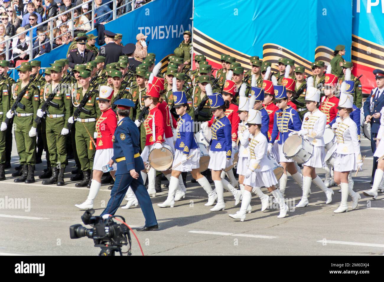 Russian military women orchestra march at the parade on annual Victory Day Stock Photo