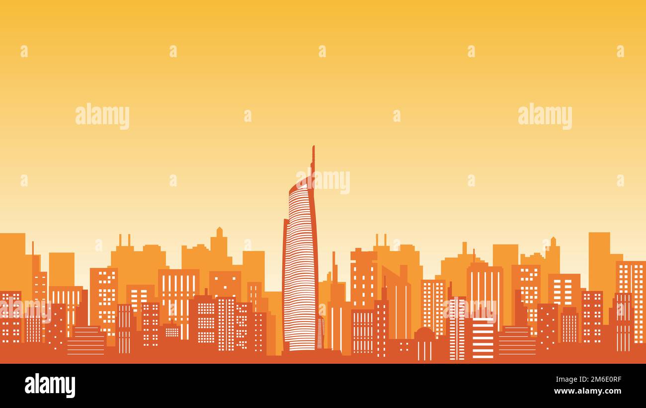 Vector silhouette of early morning city buildings with shadow of tall ...