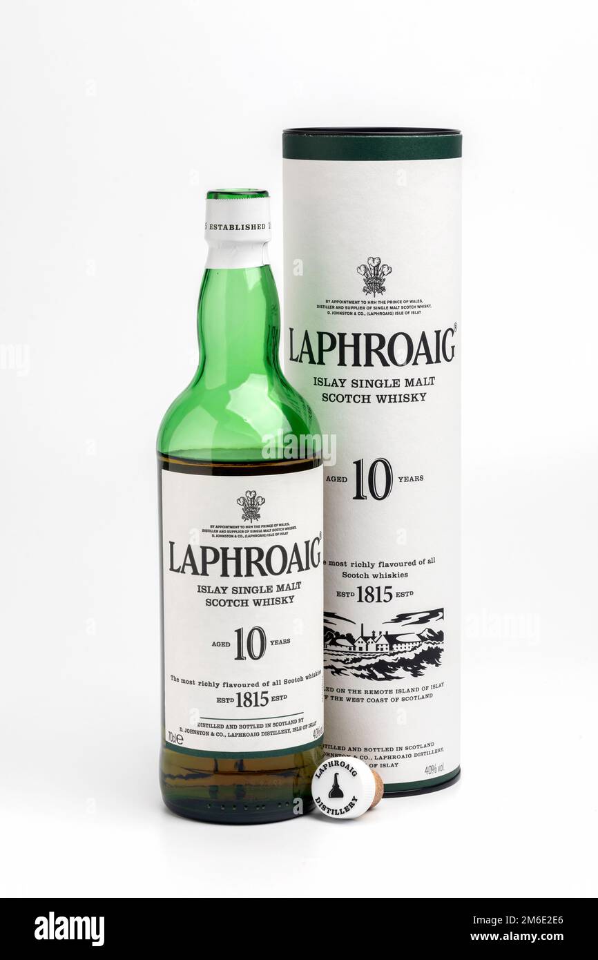 A bottle of Laphroaig 10 year old Islay single Scotch Whisky Stock Photo