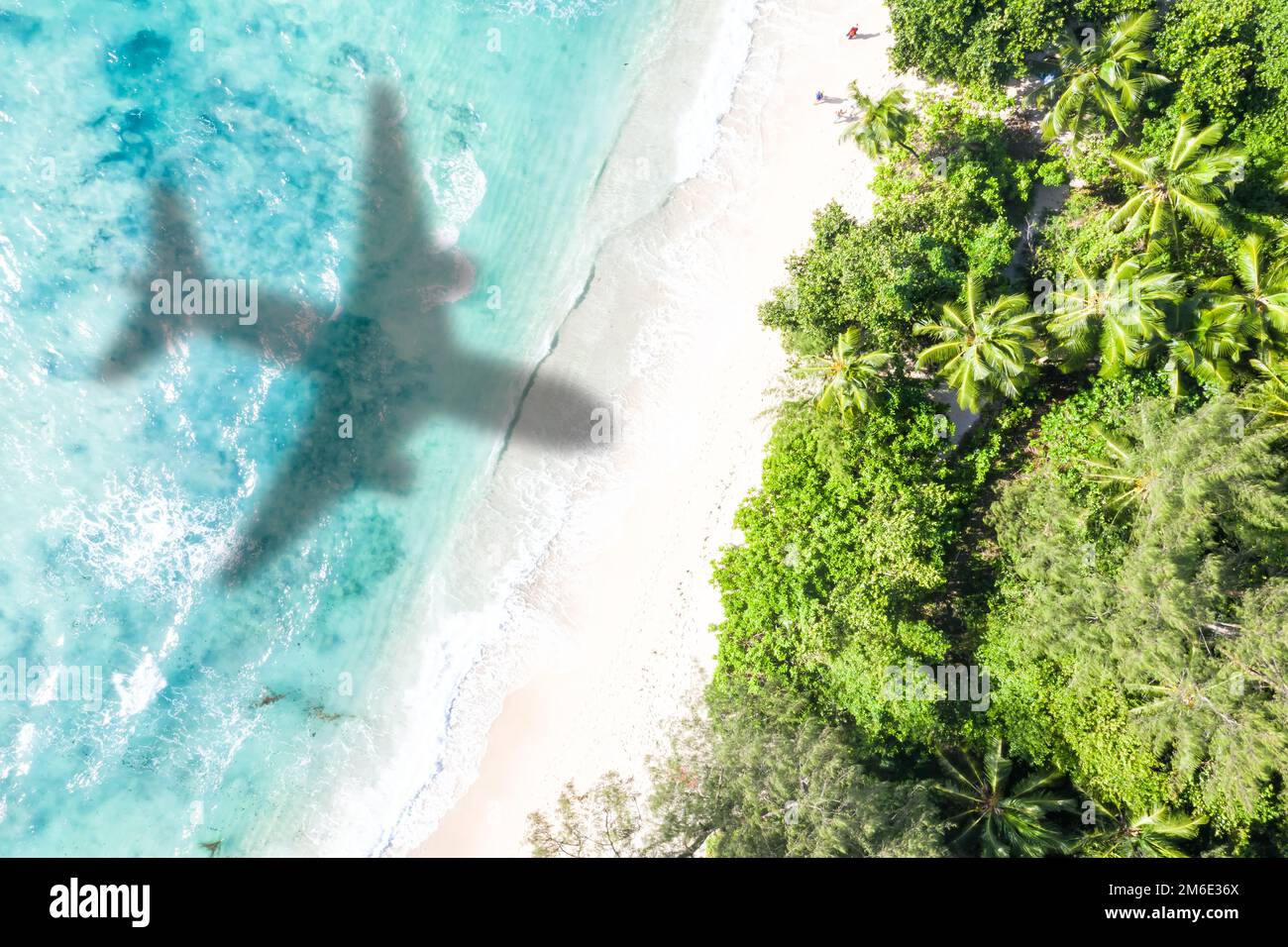 Symbolic picture vacation travel traveling sea airplane flying Seychelles aerial photo beach Stock Photo