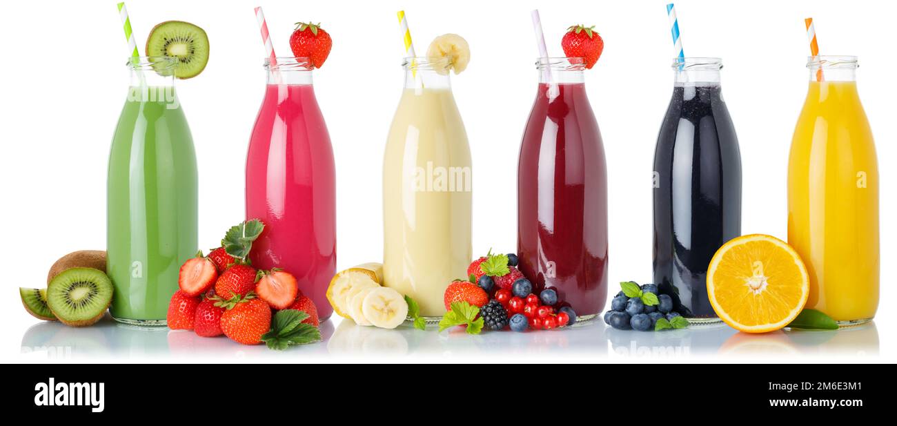 Set of fruit smoothies fruits orange juice drink straw in a bottle