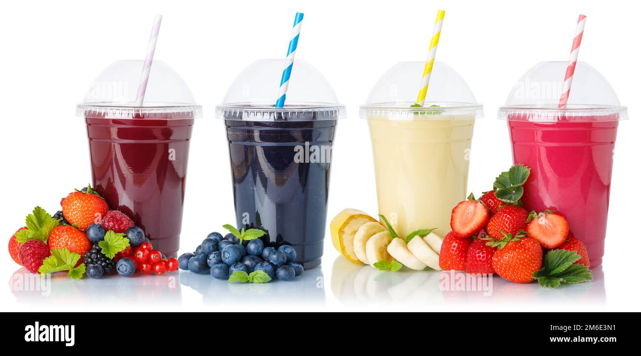 Collection of fruit smoothies fruits juice drink straw in a cup isolated on white Stock Photo