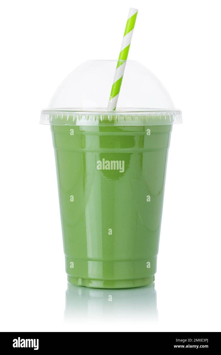 Green smoothie fruit juice straw drink in a cup isolated on white Stock