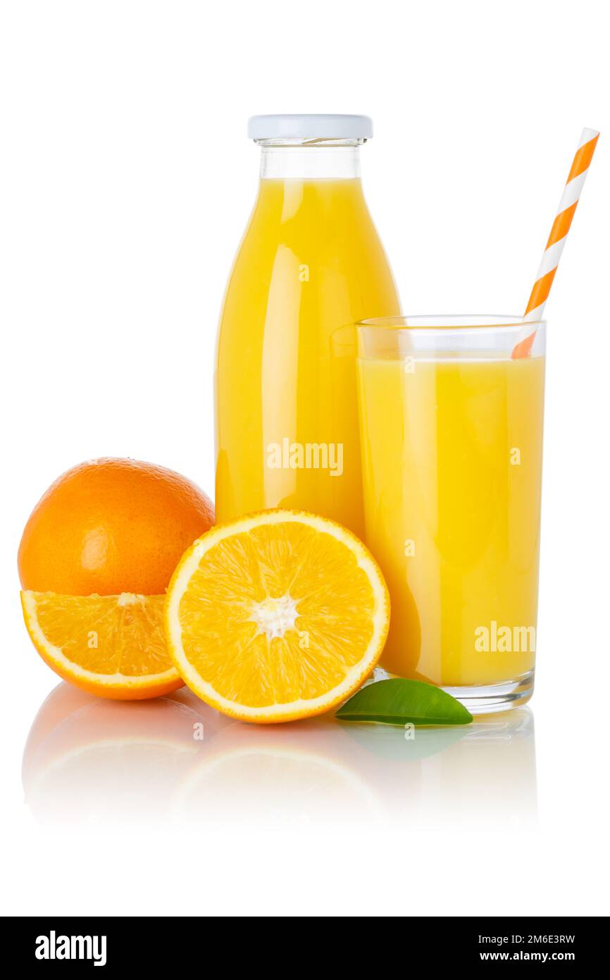 Orange fruit juice drink oranges glass and bottle isolated on white