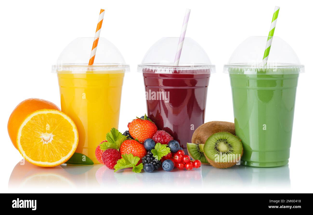 Fruit smoothies fruits orange juice green smoothie drink collection straw cup isolated on white Stock Photo