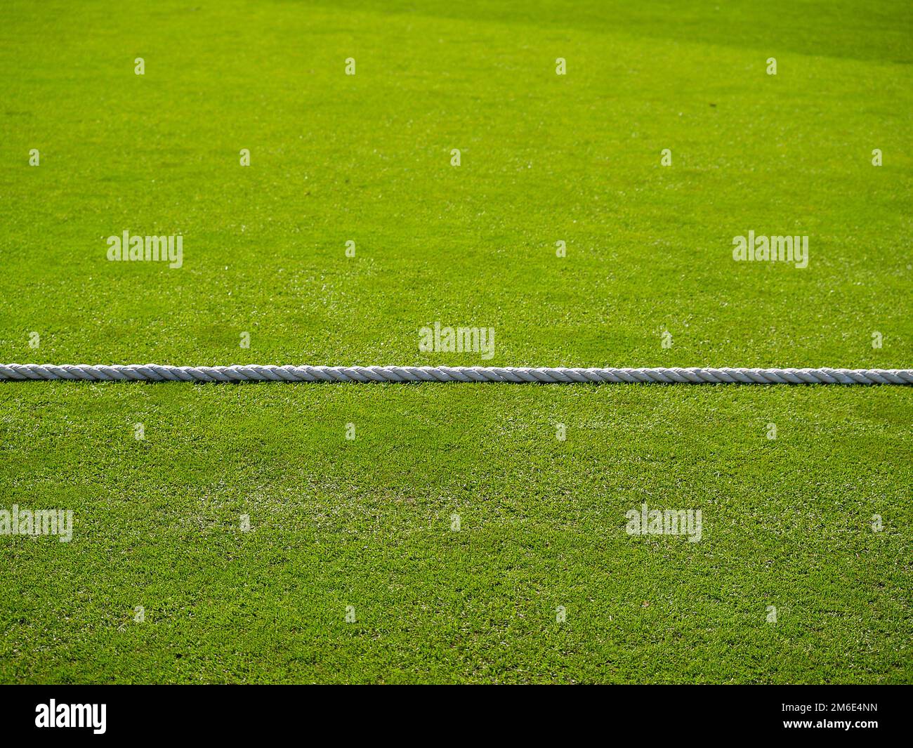 White rope divides green lawn as boundary rope on cricket pitch. Stock Photo