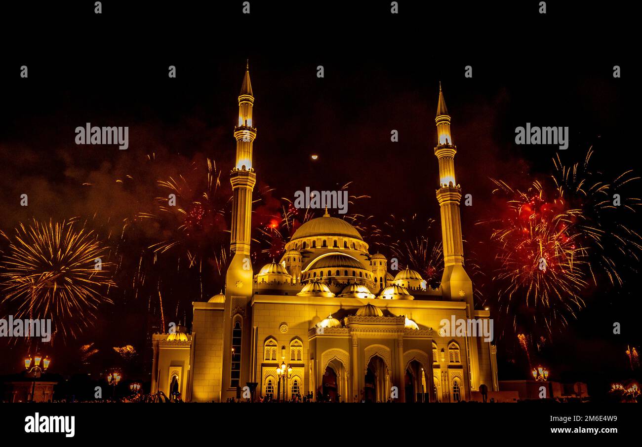 Amazing new year fireworks from Sharjah corniche Stock Photo