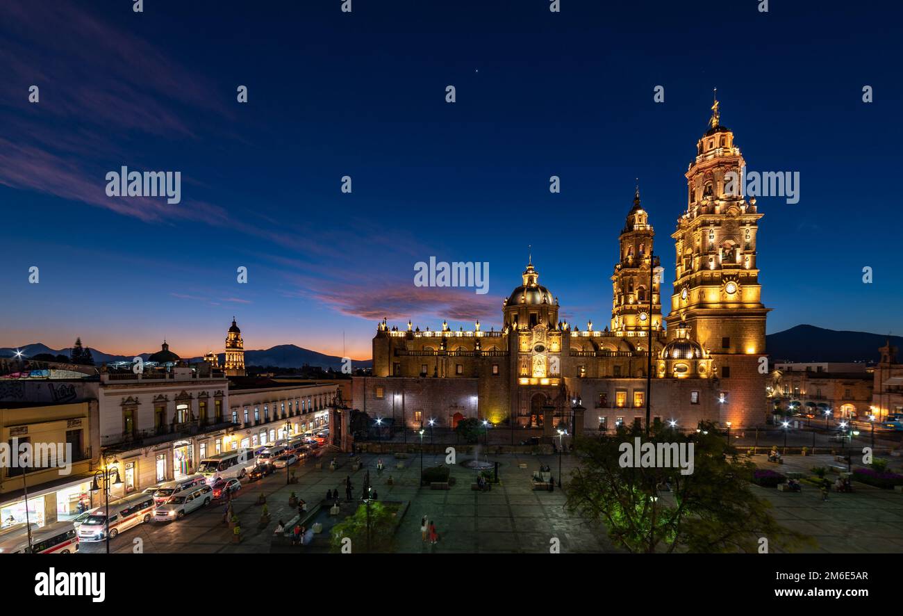 Sunset view of Morelia Cathedral, Michoacan, Mexico. Stock Photo