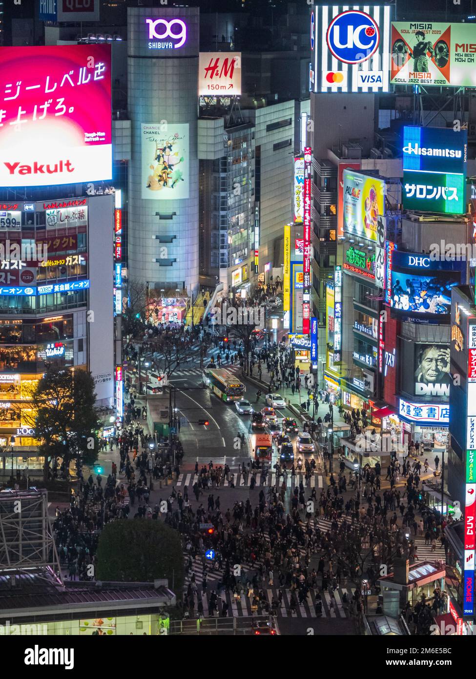 Shibuya, Japan - 7.2.20: Shibuya crossing from a high vantage point at night Stock Photo