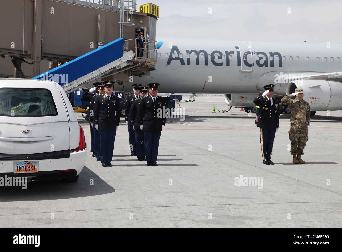 Corporal David B. Milano, MIA, was lost in action during the Korean War on December 2, 1950. After 71 years, he will be repatriated back to the United States and reunited with his family. An Honor Guard made up of members of the Utah National Guard conduct an Honorable Carry at the Salt Lake City International Airport, April 26, 2022. Milano was born in Chicago, Illinois on Dec. 23, 1932, to Albert and Lida Milano. His family relocated to Utah, where Milano will be laid to rest next to his mother, sister and brother-in-law at Evergreen Memorial Park, 100 Monroe Blvd., Ogden, Utah. Stock Photo