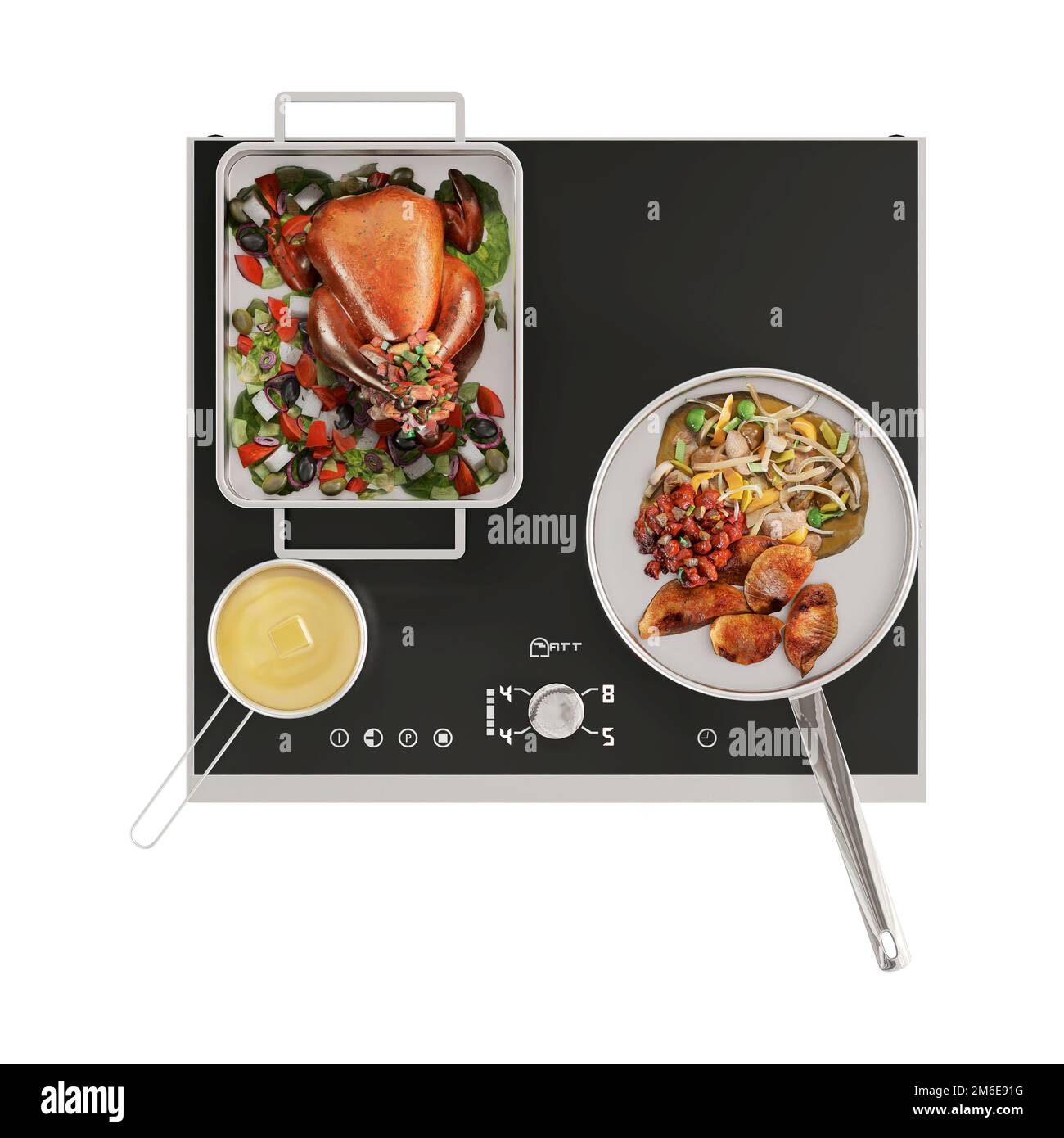 Render Cooking Def A 3D render of a stovetop with different gourmet dishes cooking on it ...