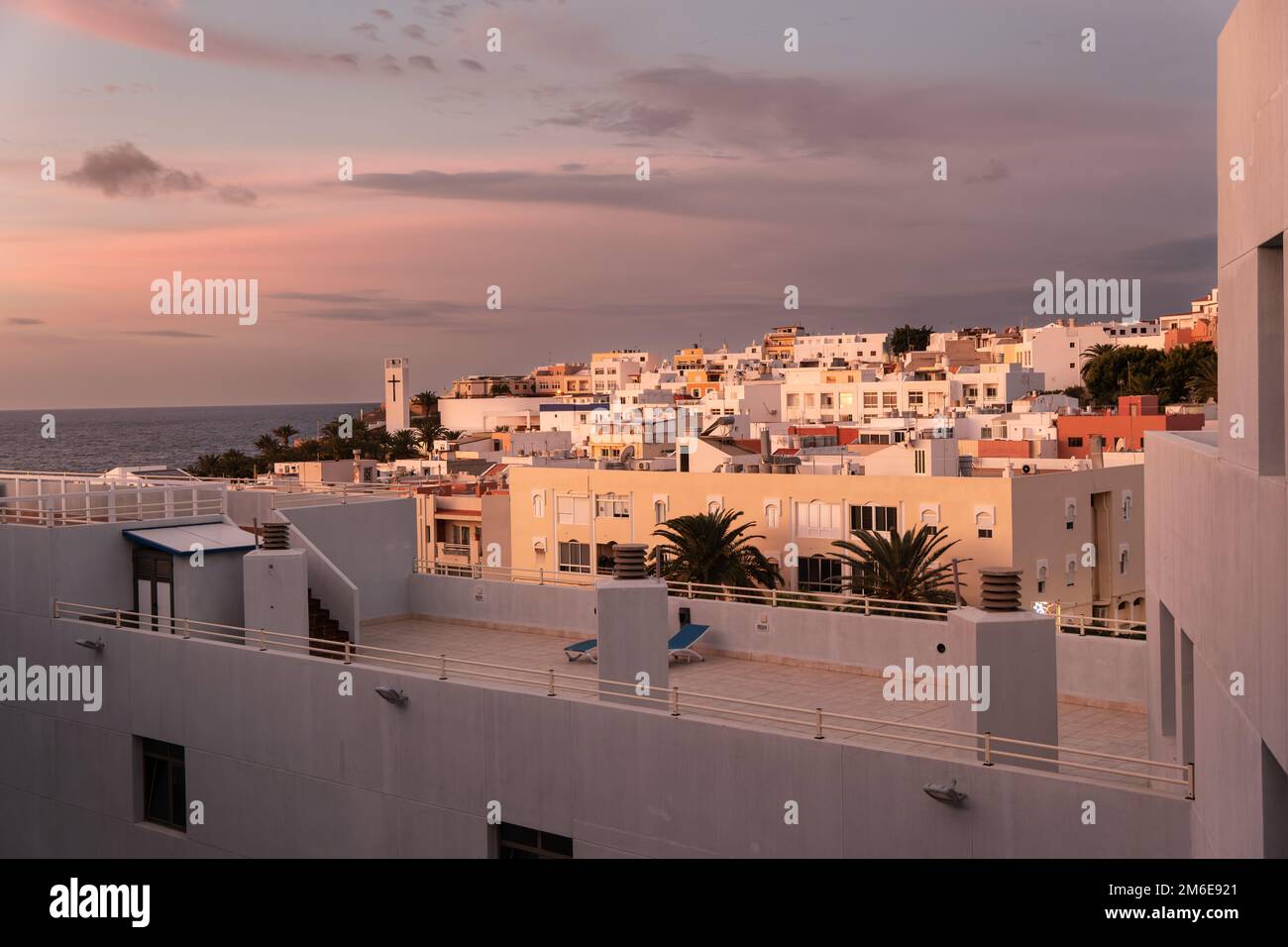 Hotels in Morro Jable at sunrise on Fuerteventura, Spain Stock Photo