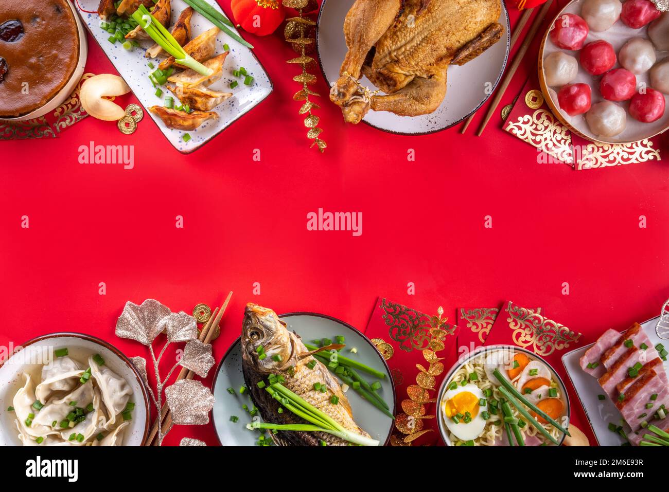 Traditional Chinese lunar New Year dinner table, party invitation, menu