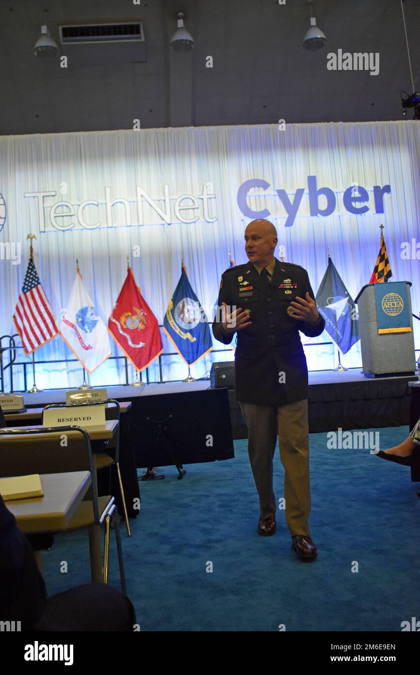 Deputy Chief of Staff, G-6 Lt. Gen. John B. Morrison, Jr. highlighted Army Risk Management Framework reforms during keynote remarks at the three-day Armed Forces Communications Electronics Association's TechNet Cyber event at the Baltimore Convention Center on April 26, 2022. Lt. Gen. Morrison is the principal advisor to the Chief of Staff of the Army for command, control, communications, cyber operations, and networks for worldwide operations. Stock Photo