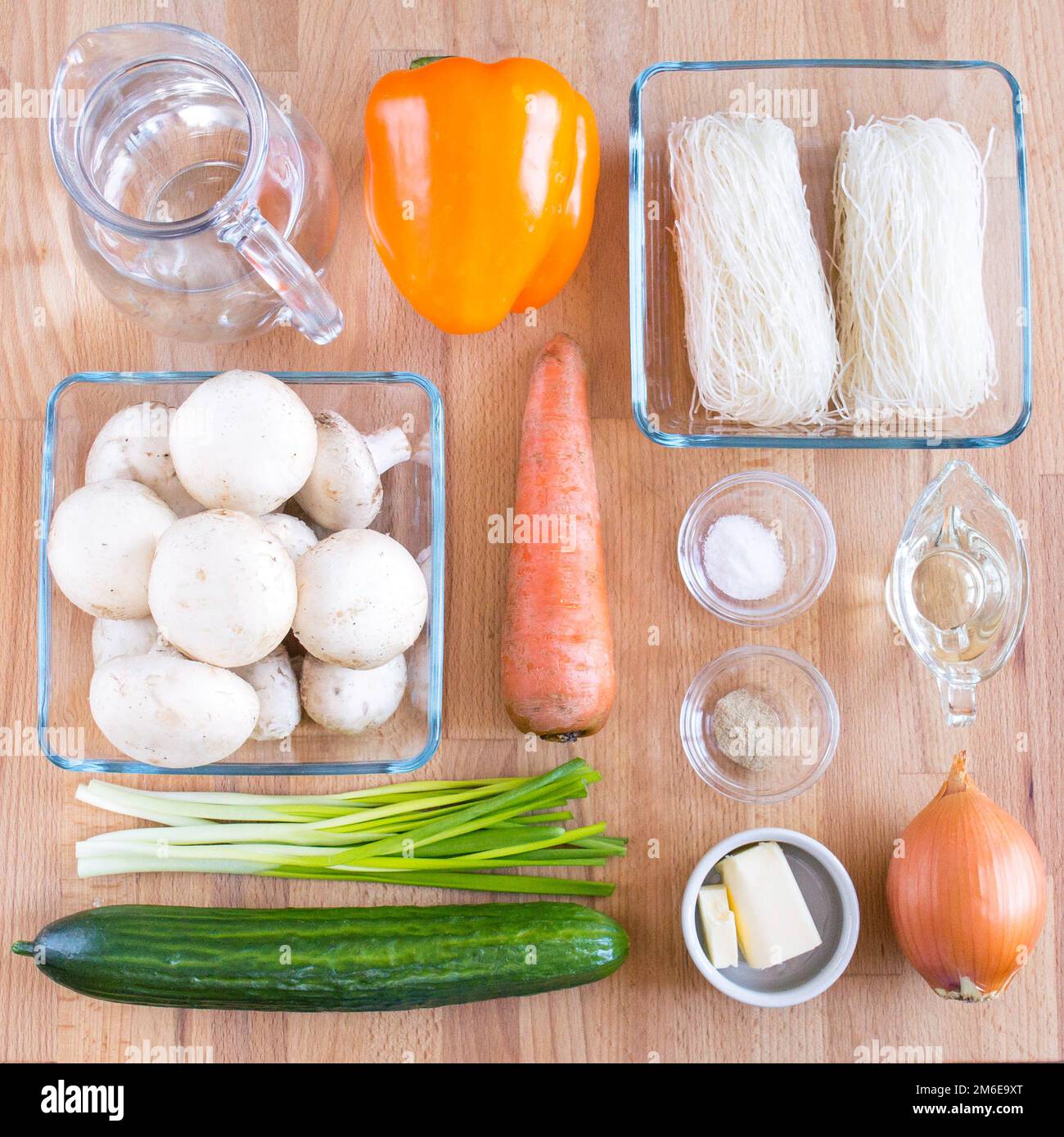 Ingredients for making funchose with vegetables. Square photo, top view Stock Photo