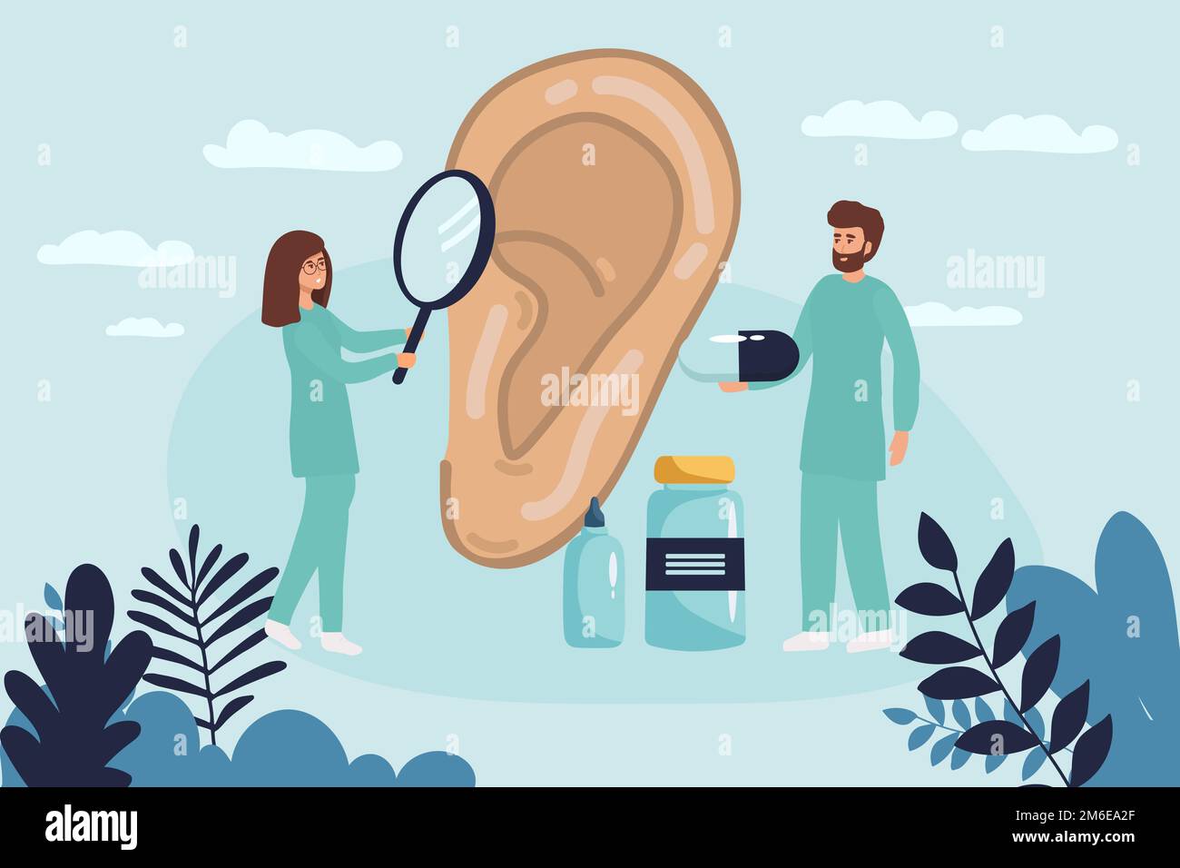 Doctors check health of ear, hearing organ. Medical examination, test