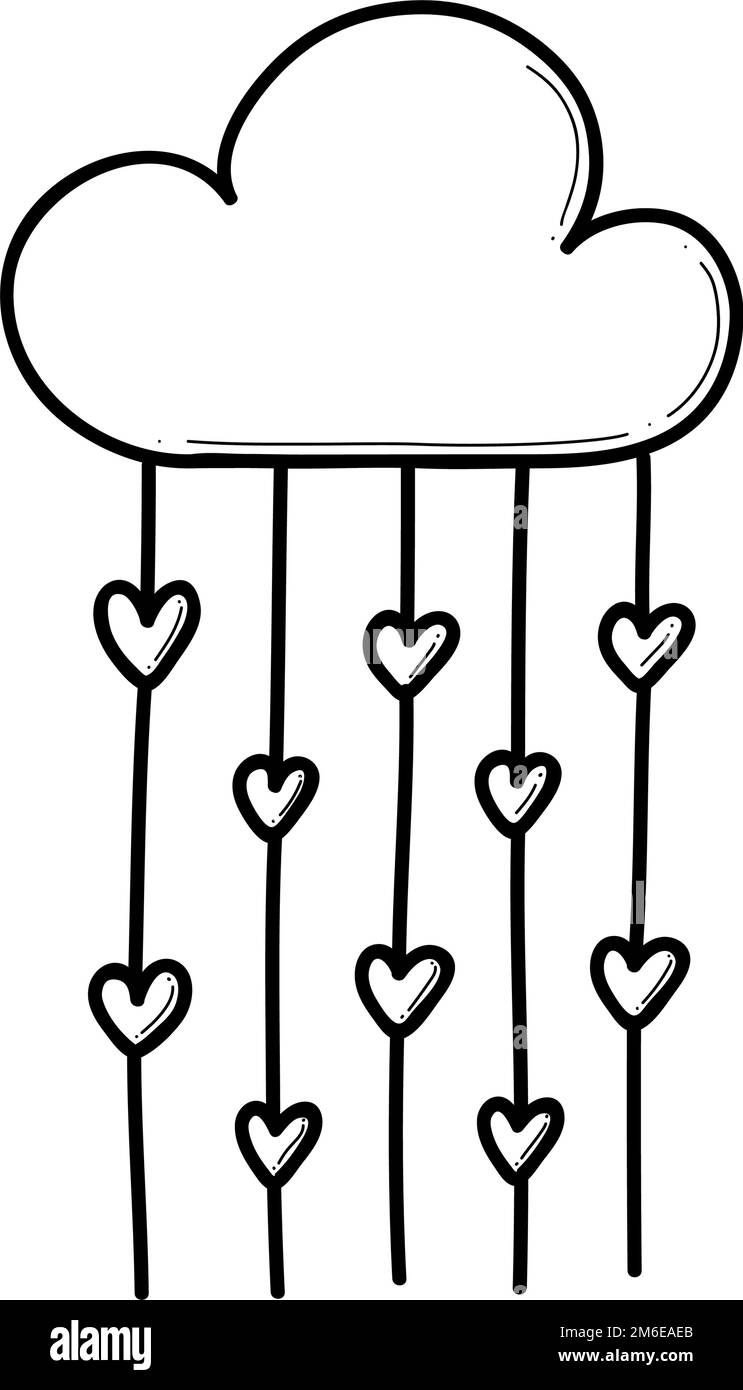 Hand drawn cloud raining with hearts doodle vector illustration. Stock Vector