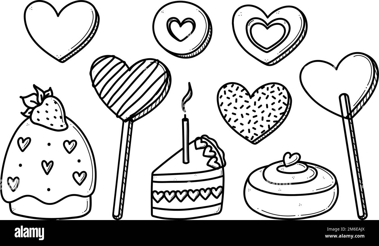 Hand drawn heart shaped valentines set of romantic sweets vector illustration. Cute cupcake, cookies, lollipop, cinnamon roll doodles collection for anniversary and wedding. Stock Vector