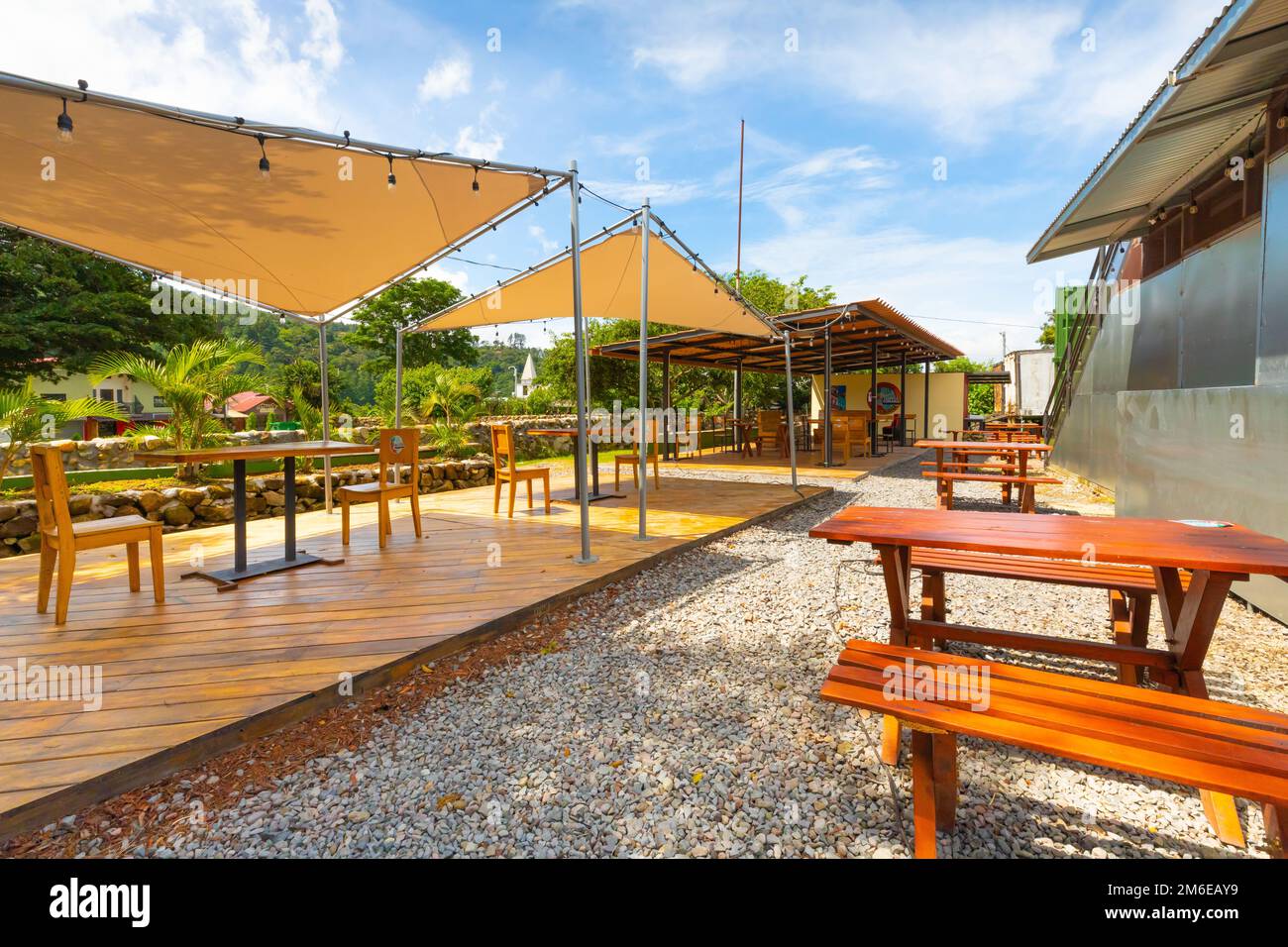 Panama Boquete outdoor tables of a restaurant Stock Photo