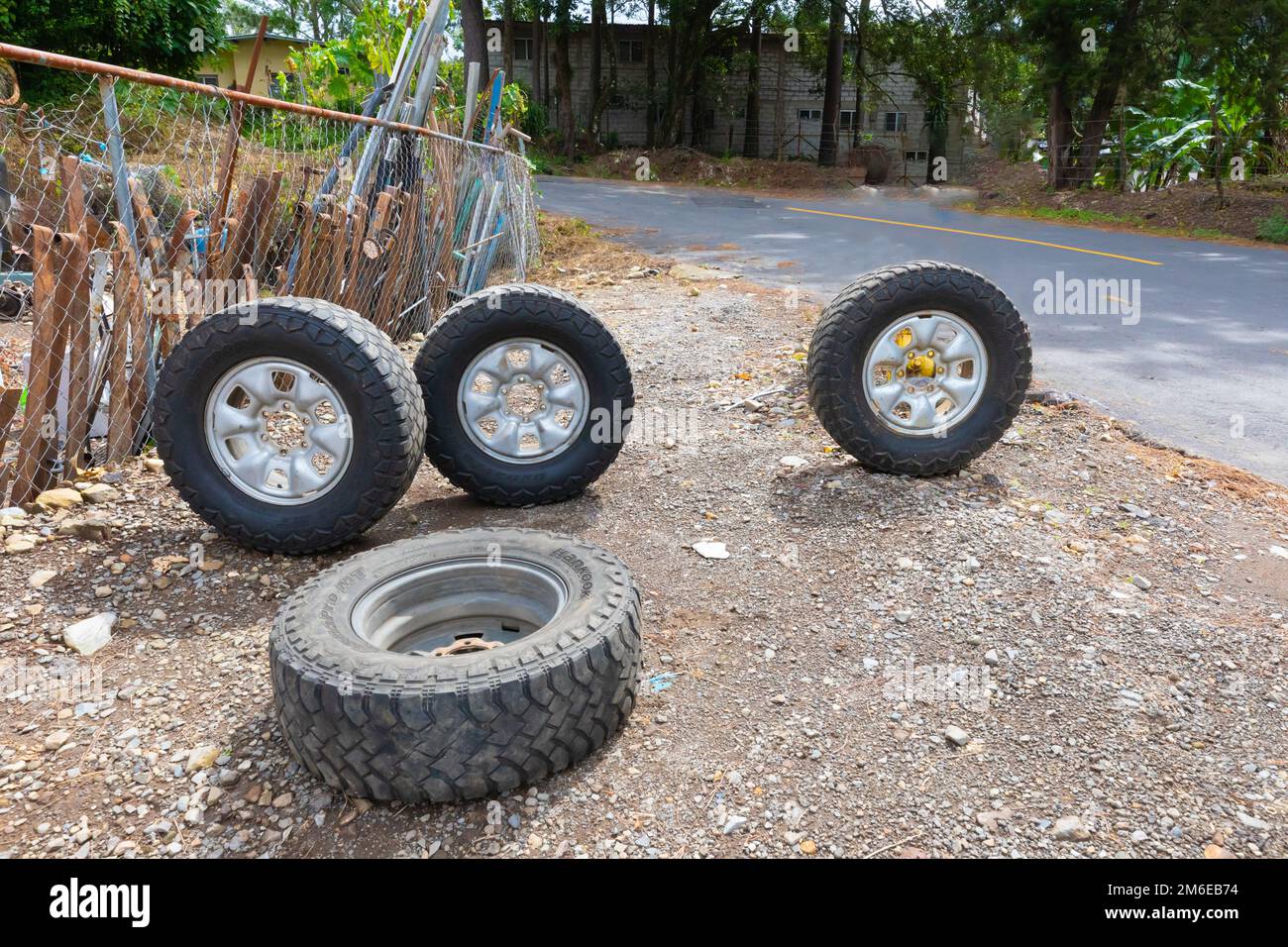 Panama Boquete car wheels in the courtyard of a car mechanic Stock