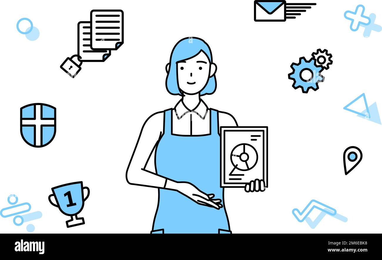 Image of DXing, A woman in an apron using digital technology to improve his business Stock Vector