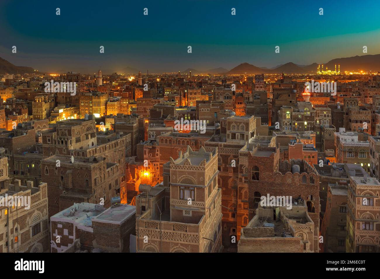 Panorama of Sanaa at night, Yemen Stock Photo Alamy