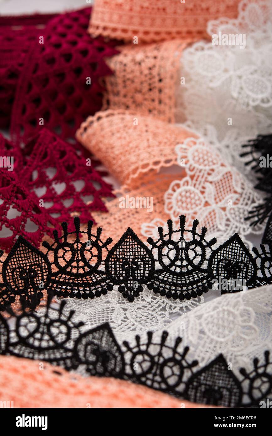 Colorful Lace Fabrics Are Neatly Lined Up To Be Sold In Market Stock Photo  - Download Image Now - iStock