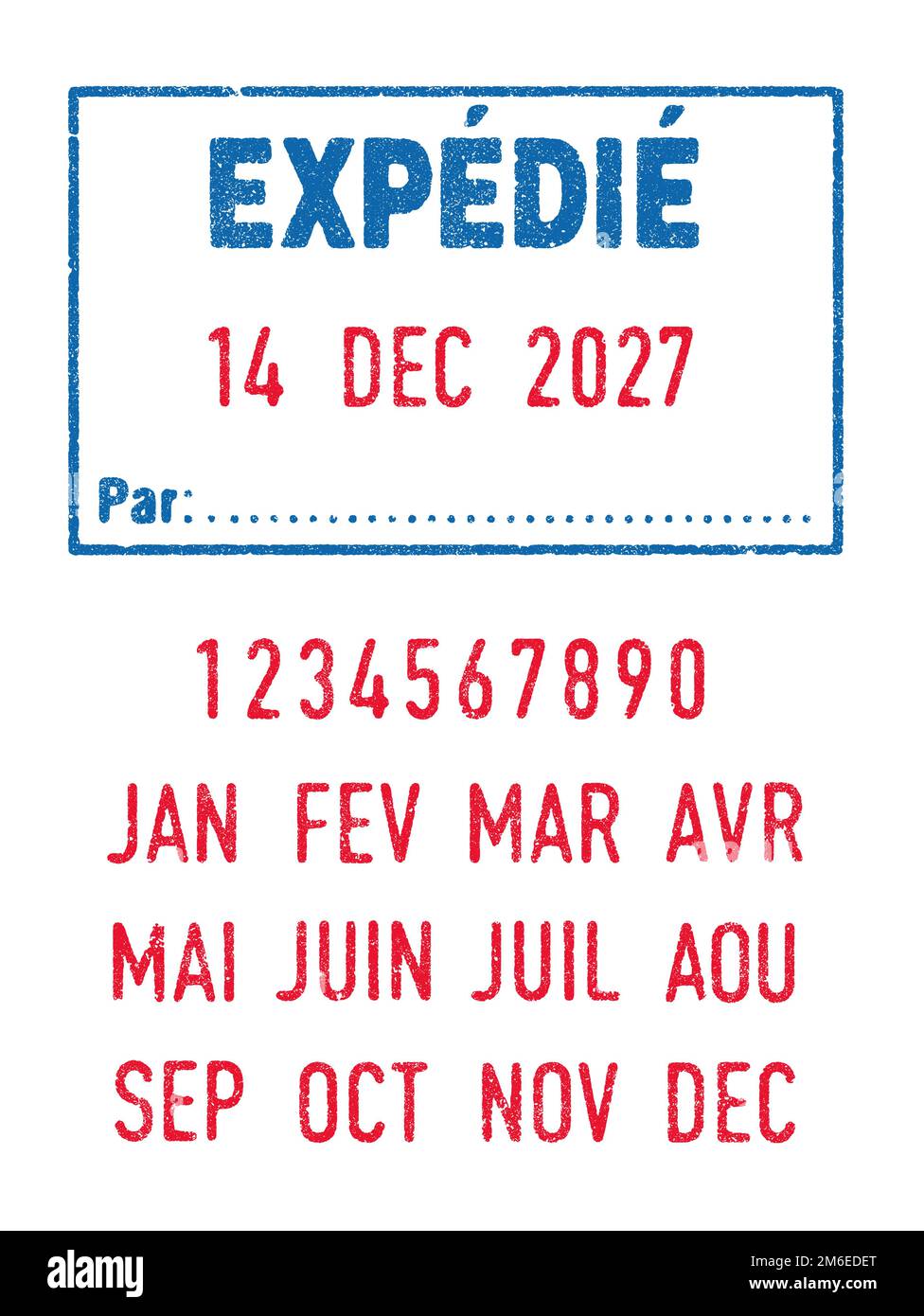 Vector illustration of the word Expedie (Sent in French language) in frame blue ink stamp with date Stock Vector