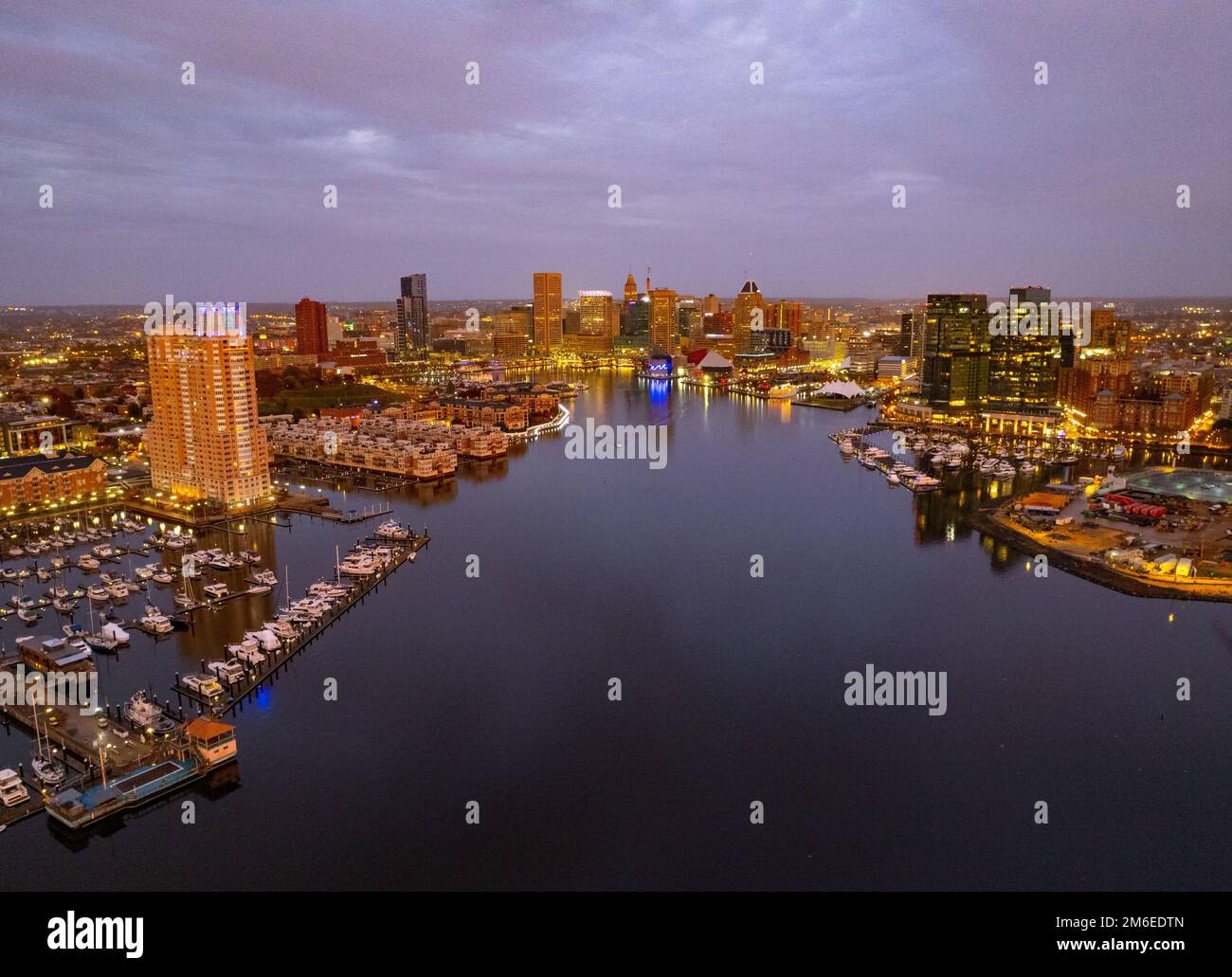 An aerial view of the sunrise over Baltimore Harbor, Chesapeake Bay