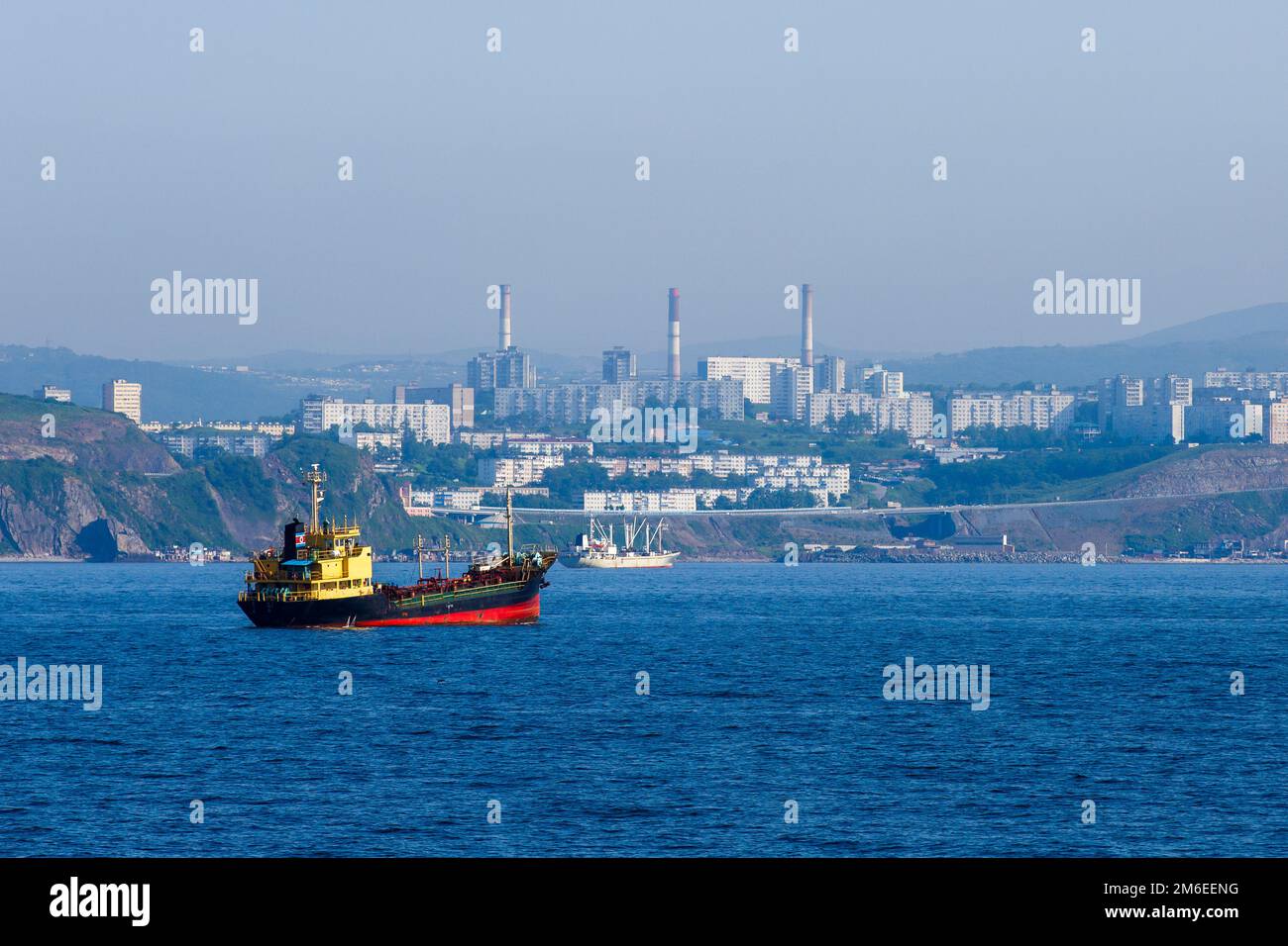 Summer, 2016 - Vladivostok, Russia - A merchant ship stands on the roadstead in the Golden Horn Bay in Vladivostok Stock Photo