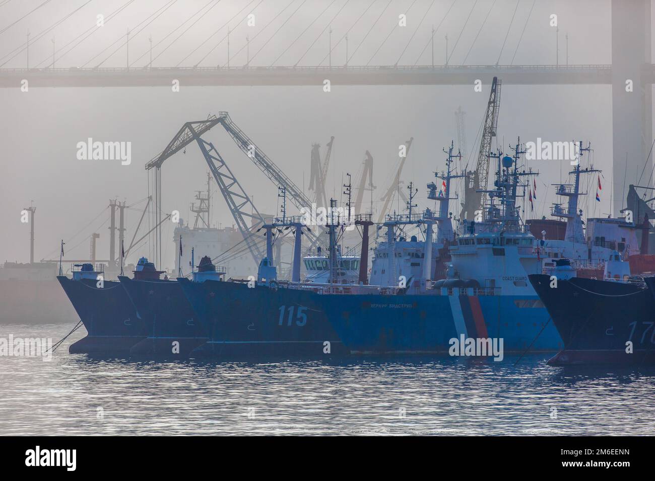 Vladivostok seaport. Various merchant ships stand on the roadstead in the Golden Horn Bay in Vladivostok during heavy fog Stock Photo