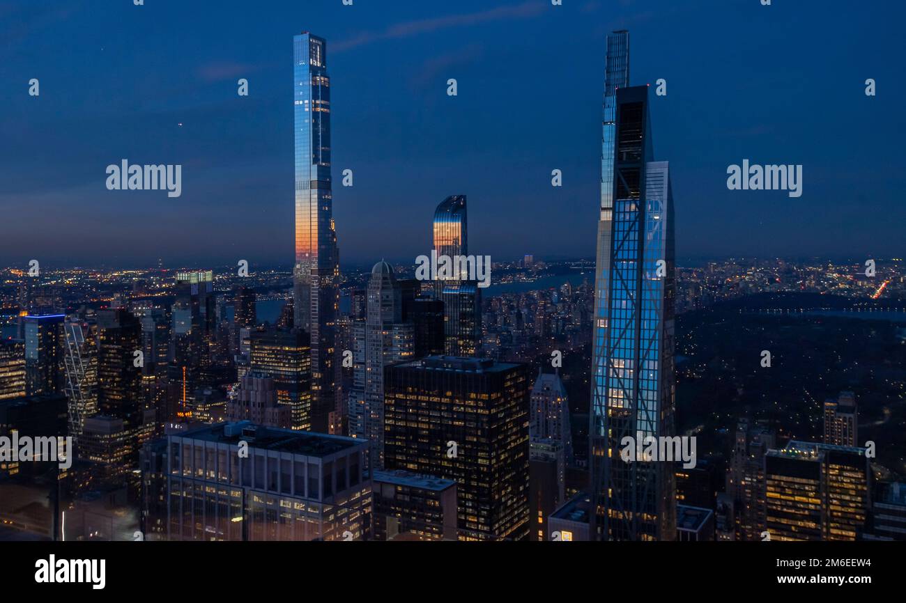 Central Park Tower (left) also known as Nordstrom Tower. At 1,550 feet, it has the highest roof height of any building in the United States, surpassin Stock Photo