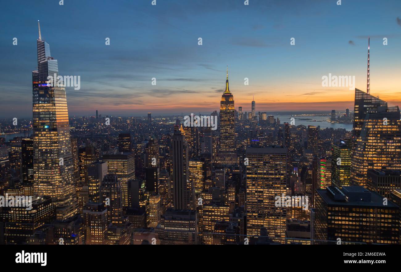 (from left) One Vanderbilt, the second tallest office building in NYC, The Empire State Building, One World Trade Centre, Bank of America Tower Stock Photo