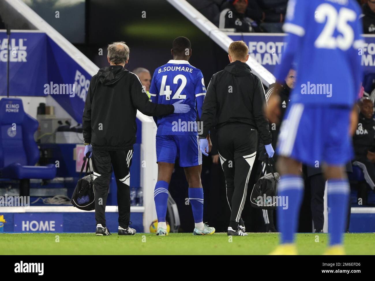 Leicester, UK. 03rd Jan, 2023. Boubakary Soumare (LC) walks off injured at the Leicester City v Fulham EPL Premier League match, at King Power Stadium, Leicester, uk on January 3, 2023. Credit: Paul Marriott/Alamy Live News Stock Photo