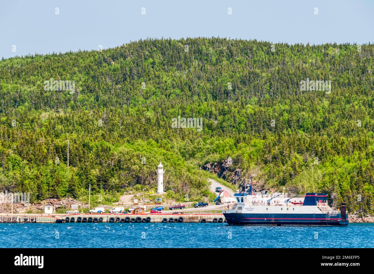 The MV Hazel McIsaac car ferry docked at Long Island in Newfoundland's Green Bay, Canada. Stock Photo