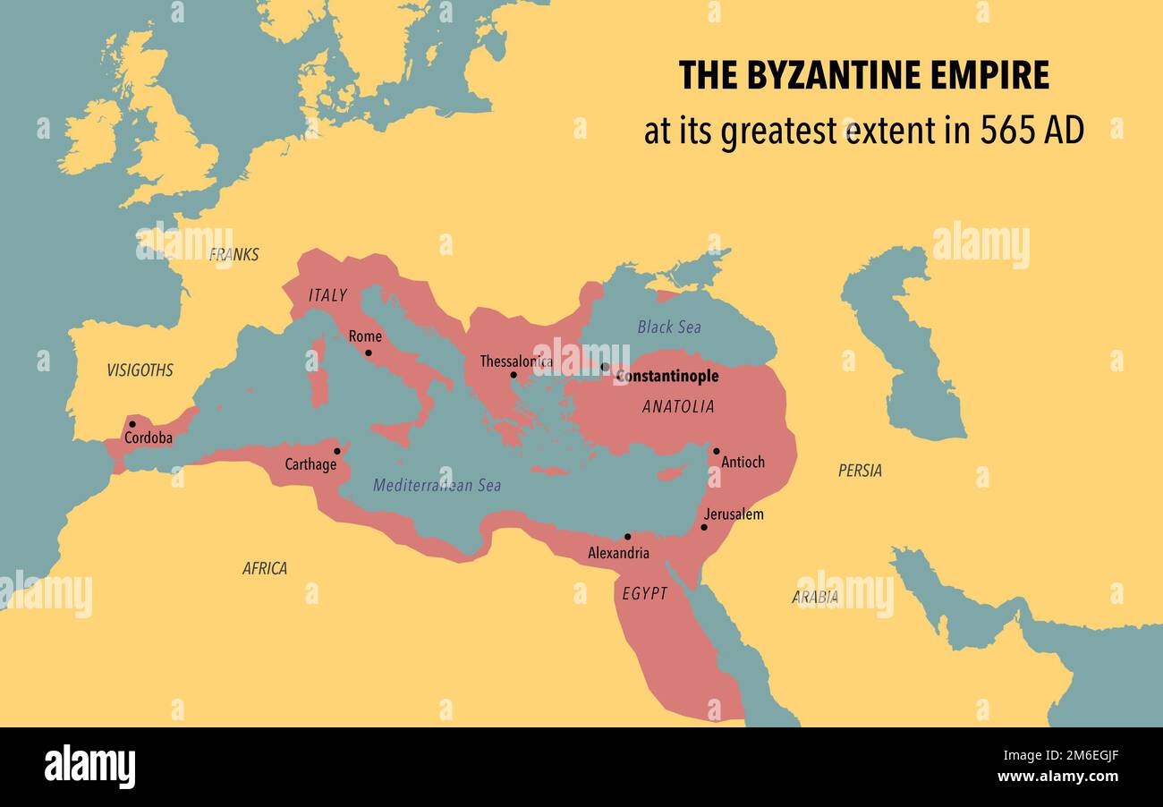 Map of Byzantine Empire at its greatest extent in 565 AD Stock Photo