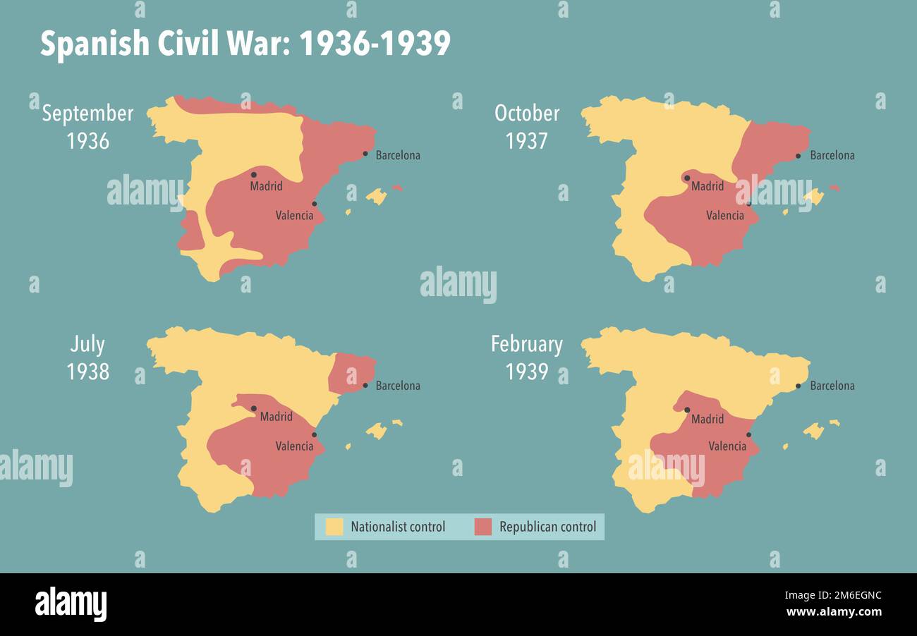 Map of the Spanish civil war and occupied territories between 1936 and 1939 Stock Photo