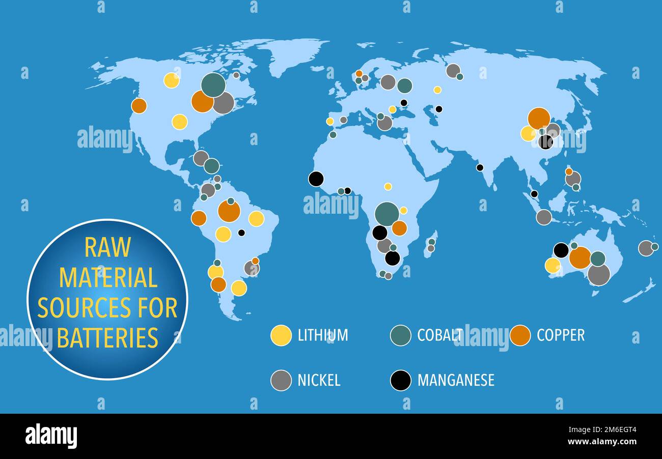 Map of raw material sources for battery production around the world