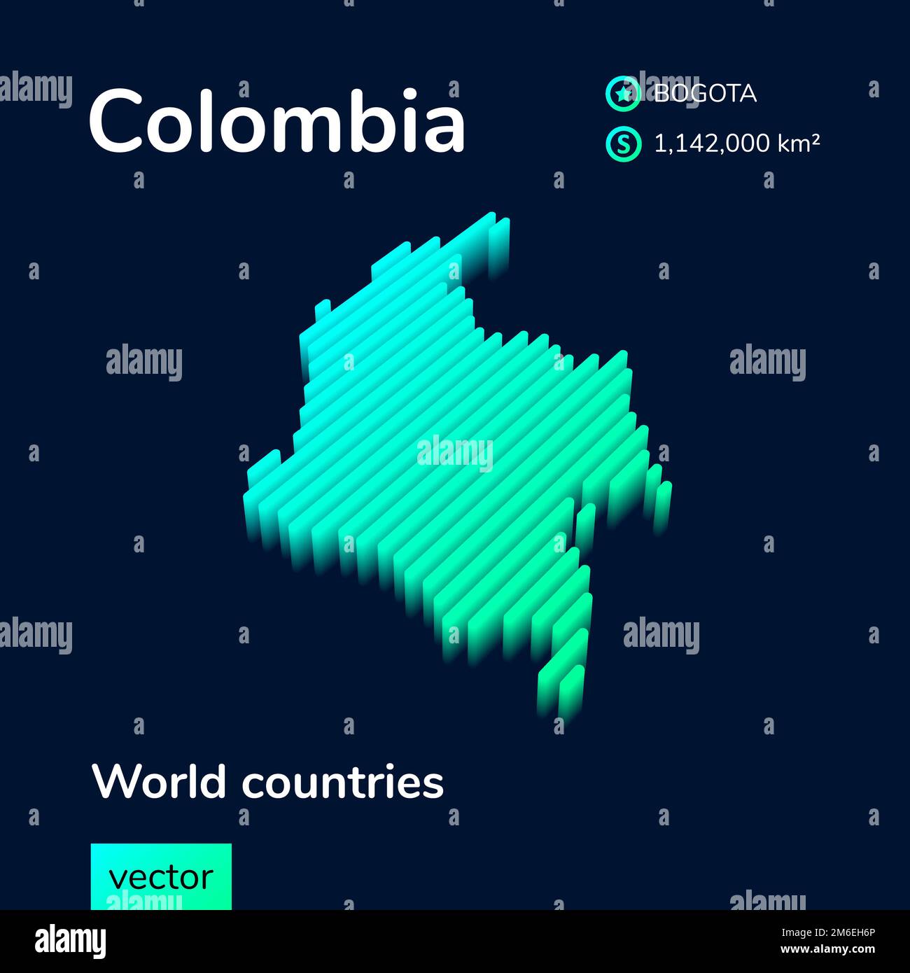 Stylized izometric vector 3d map of Colombia in neon mint turquoise colors on a dark blue background. Geography study poster, infographic element. Stock Vector
