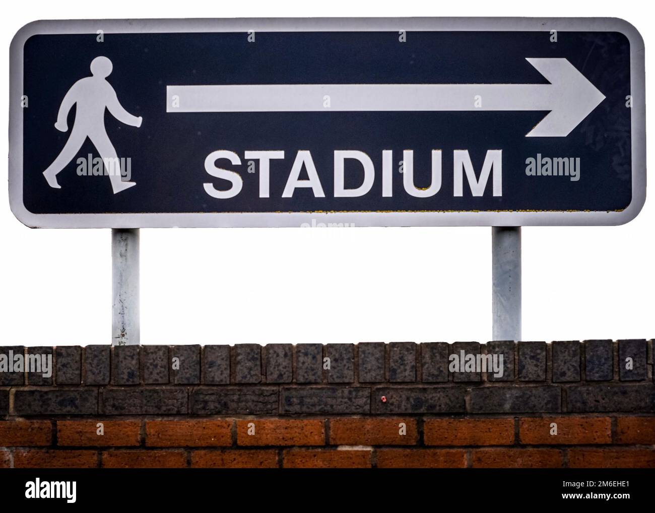 Stadium sign photographed outside of old trafford football stadium.  Home or away match sign for fans. Stock Photo