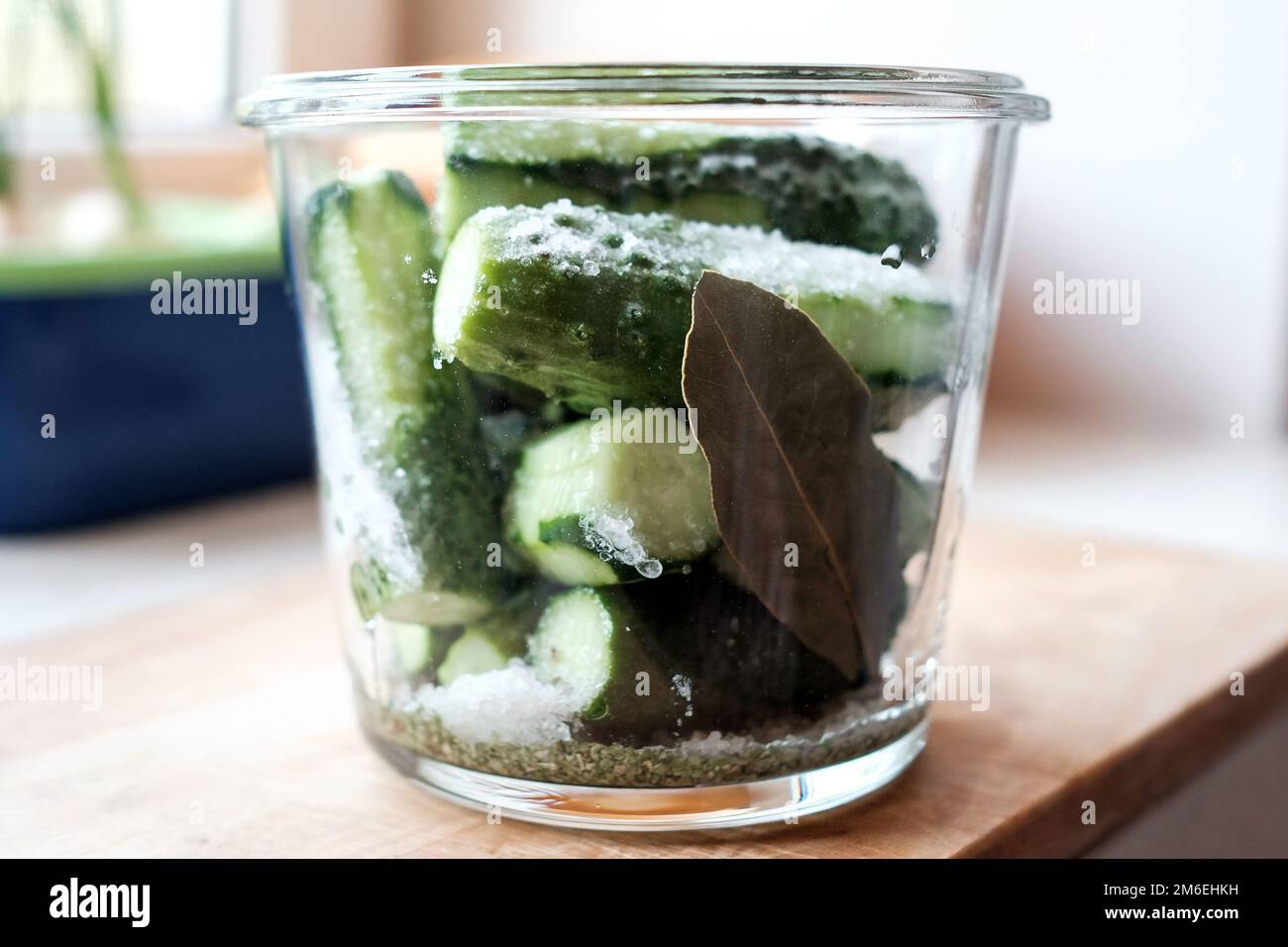 Fresh cucumbers in a glass jar with spices. Preparation for salting Stock Photo