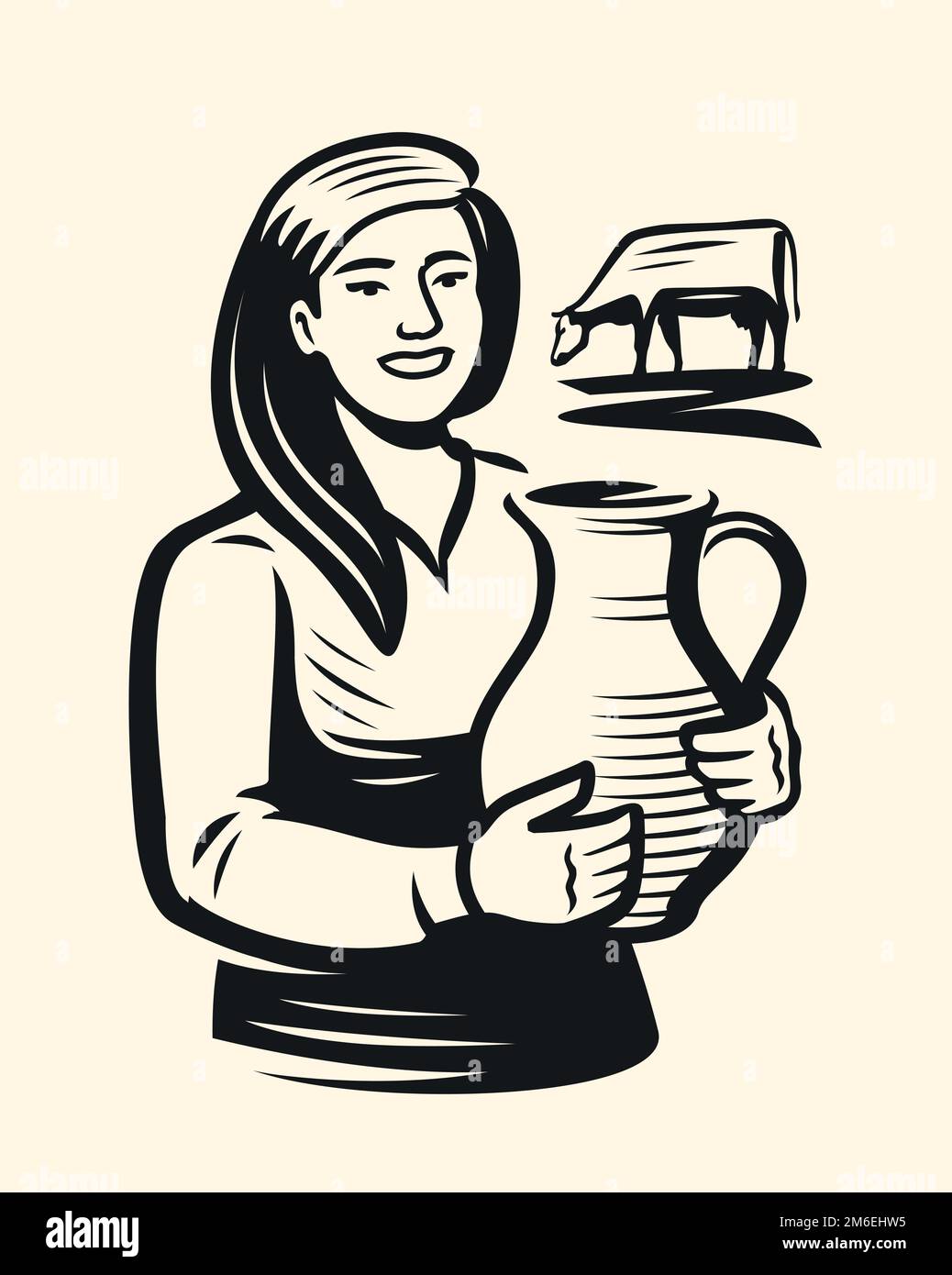 Happy milkmaid holding jug of fresh milk, near grazing cow. Dairy farm