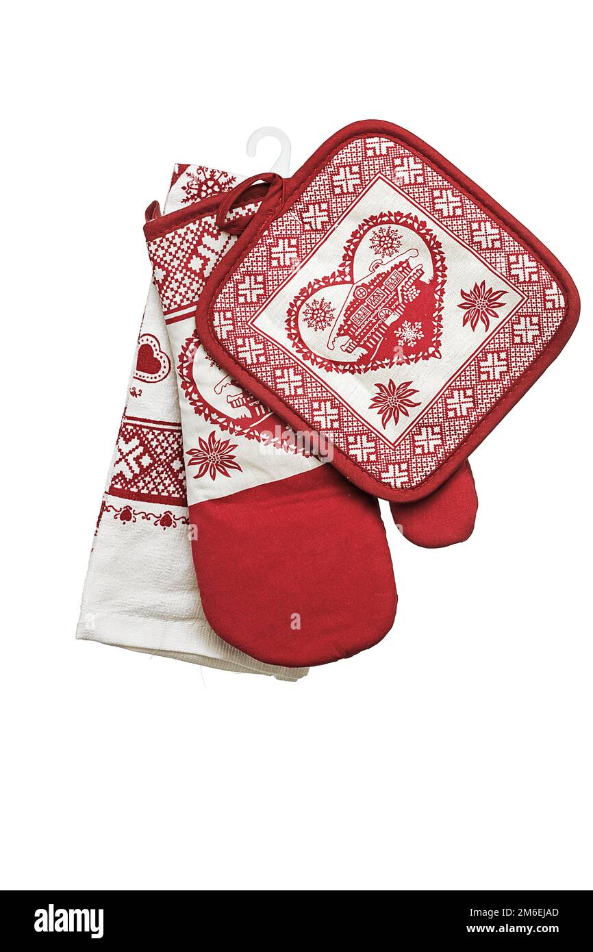 Fabric kitchen set with bread bin, oven glove, towels, pot holder for a