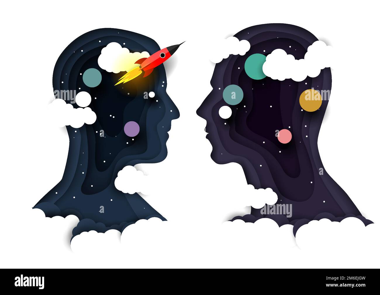 Head silhouettes with rocket, vector paper cut illustration Stock Vector