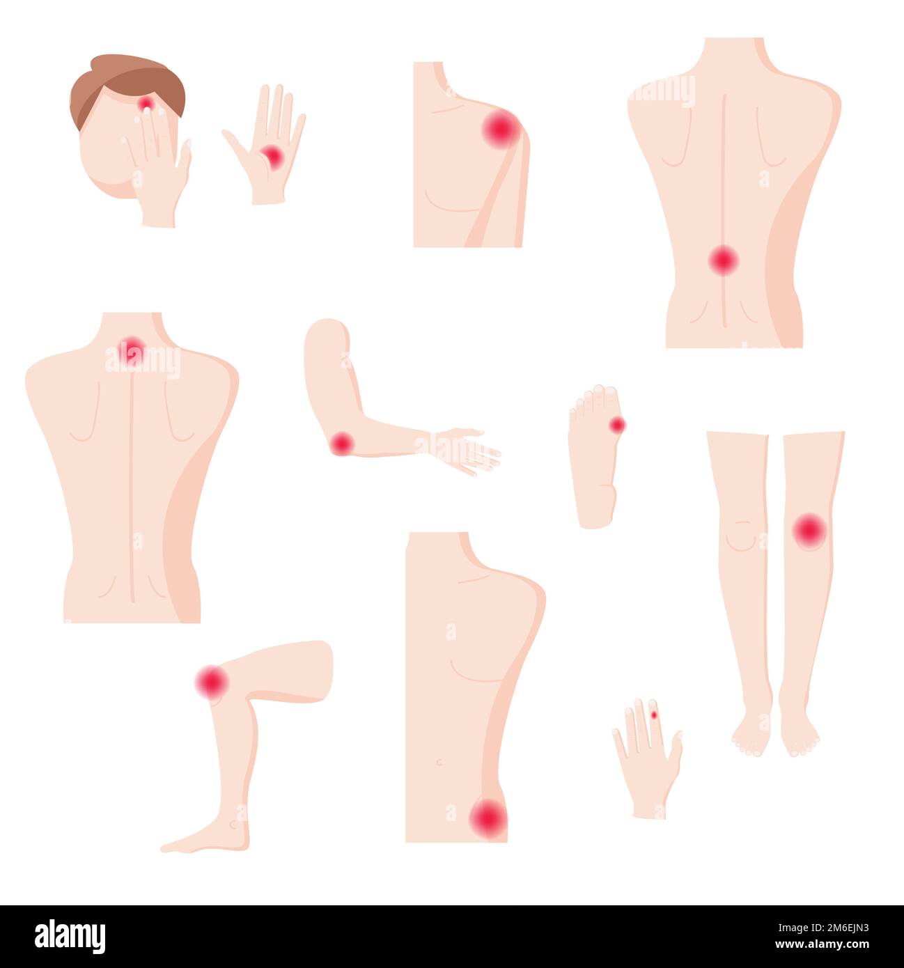 Human body parts with pain zones, vector flat isolated illustration Stock Vector