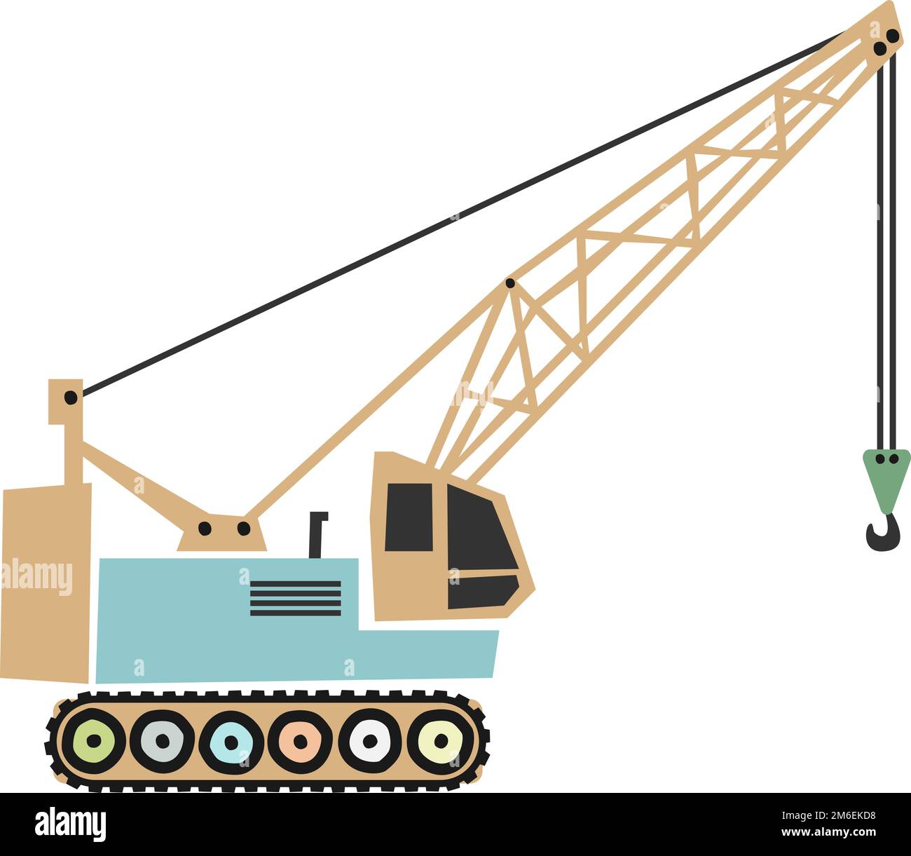 scandi style construction machinery vector illustration for children, crawler crane isolated on white background Stock Vector