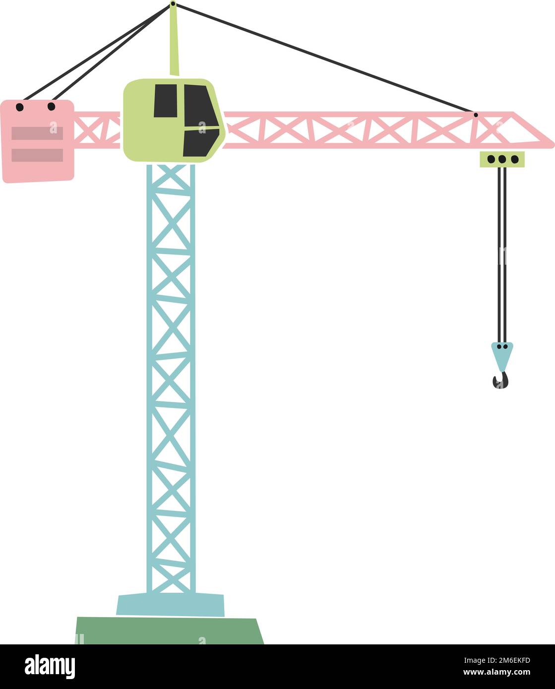 scandi style construction machinery vector illustration for children, tower crane isolated on white background Stock Vector