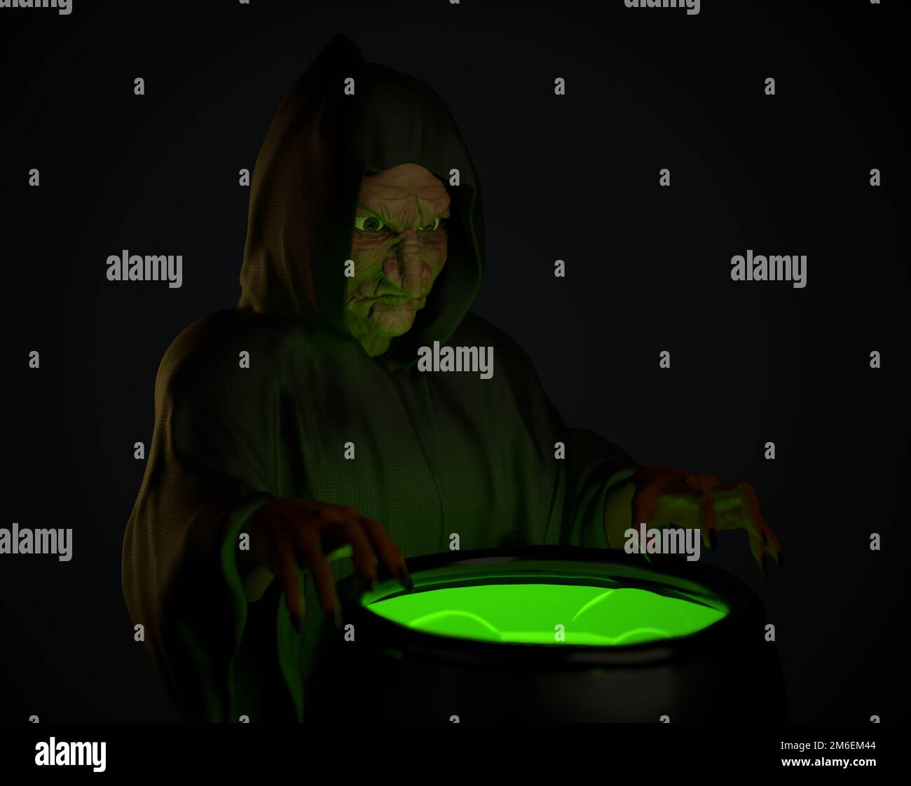 Halloween witch stirring in green poison soup in her cauldron Stock Photo