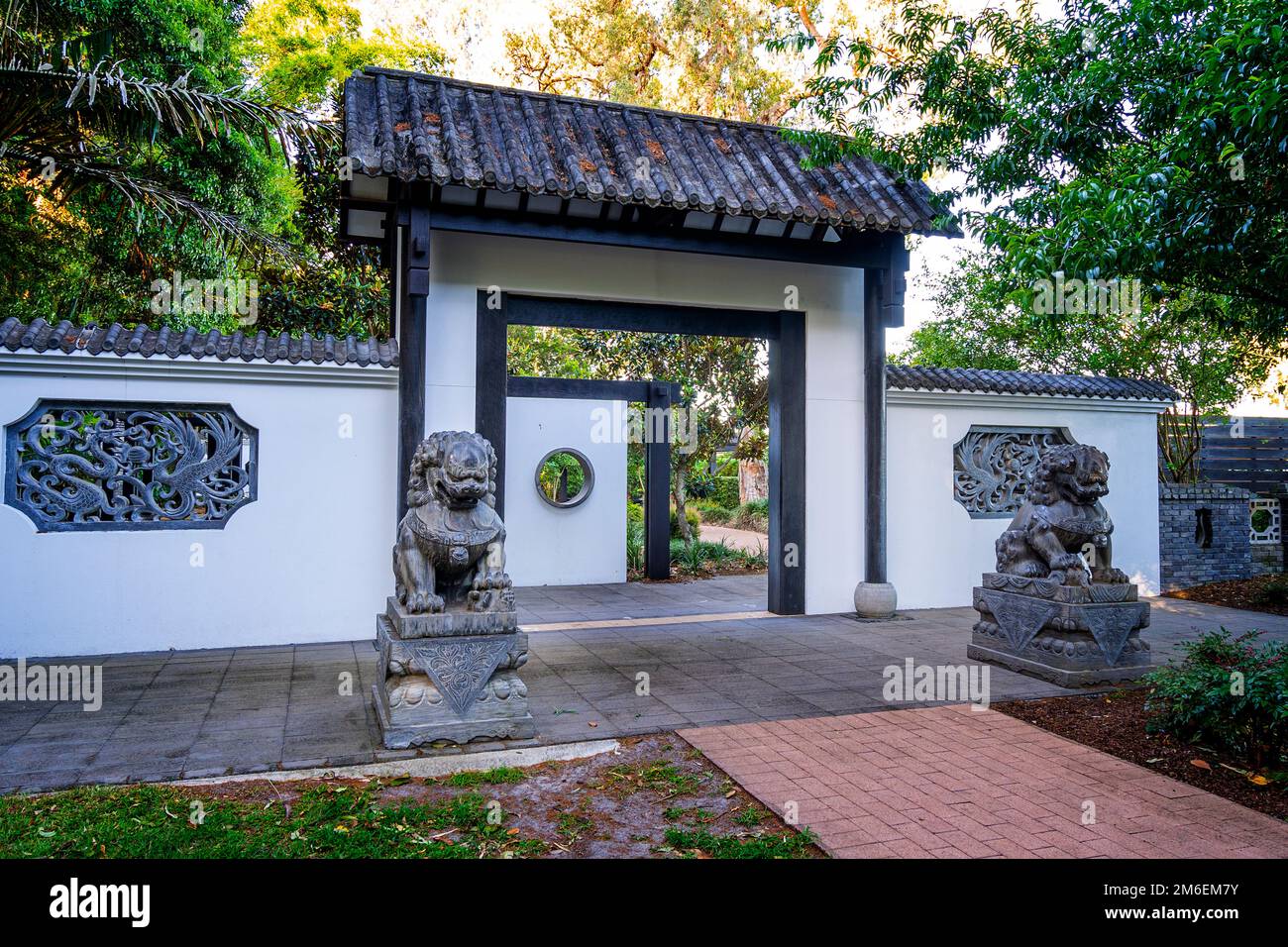 Chinese guardian lions at entrance to Hervey Bay Chinese Garden, Hervey